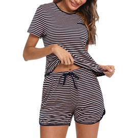 Demegimi Women's Short Pyjamas Cotton Striped Summer Sleepwear Round Neck, pink