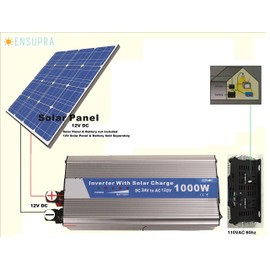 Ensupra Solar Power Inverter with Built-in Solar Controller, PWM; 1000W, 12VDC to 110Vac Modified Sinewave; Plug & Play Solar; Simply Connect 12V Solar Panel & A Battery (ESI12V1K)