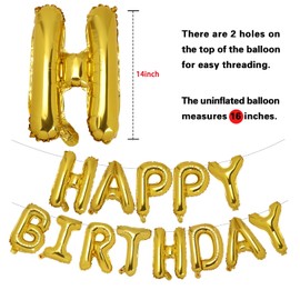 PIGETALE 16 Inch Gold Happy Birthday Balloons Banner Foil Letters Sign Mylar Balloons Bunting Inflatable Reusable Balloons Kits for Women Men Adult Kids Boys Girls Birthday Decorations Party Supplies
