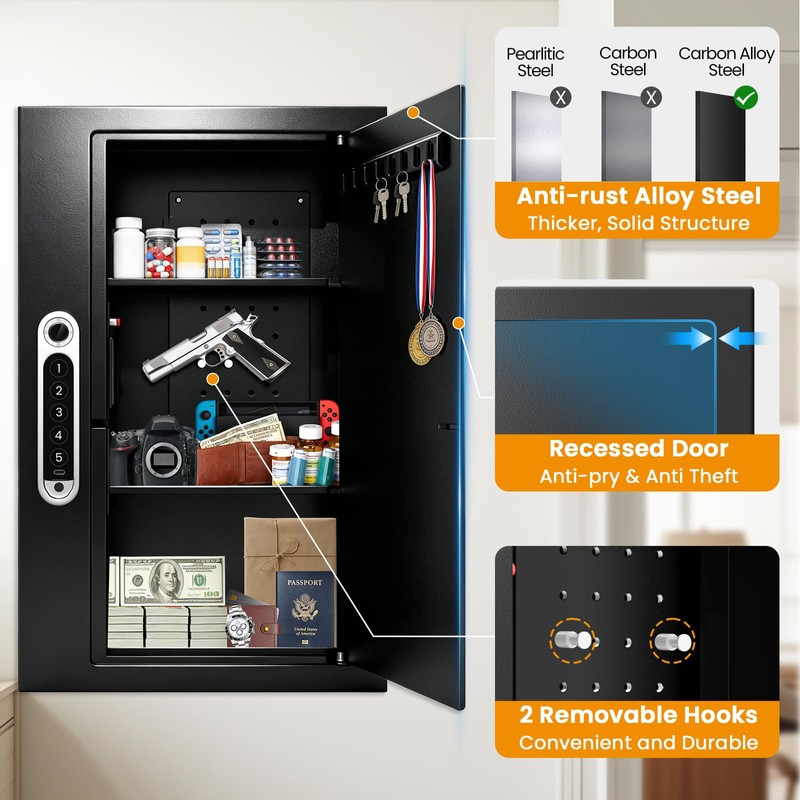 19.7" Tall Biometric Wall Safe Between 16" Studs, Fingerprint &