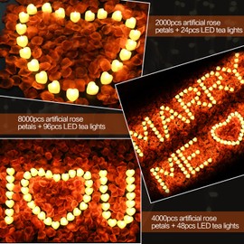 KOABY 2000 Artificial Rose Petals with LED Tea Lights Kit, for Special and Romantic Night Valentine Wedding Decor(2000pcs Artificial Rose Petals + 24pcs Warm Yellow Lights)