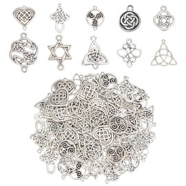 CRAFTYMELODY 100Pcs Knot Connect Charms 10 Styles Tibetan Style Connectors Charm Chinese Knot Links Flower Triangle Heart shape Knots Findings for Necklace Bracelet Jewelry Making
