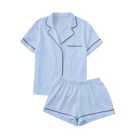 Floerns Women's Notch Collar Short Sleeve Sleepwear Two Piece Pajama Set Blue M