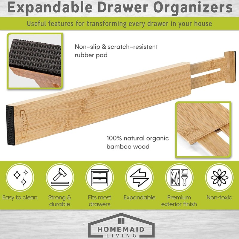 Homemaid Living Bamboo Drawer Organizer Adjustable and Expandable - Ideal