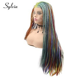 Sylvia 24" Red/Pink/Blue/Green/Yellow/Purple/Orange Rainbow Big Braiding Synthetic Lace Front Wigs 260% Density Mixed Colorful Box Braids Heat Resistant Fiber Hair for Woman