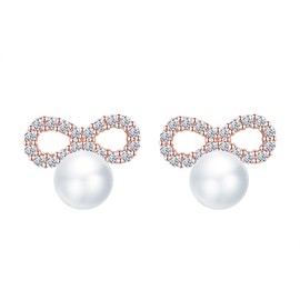 Elegant Infinity Symbol Women's Girls Pearl Earrings, 925 Sterling Silver Cubic Zirconia Stud Earrings, Shiny Diamond Jewellery, Rose Gold, Rose Gold, Cubic Zirconia