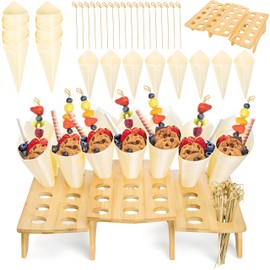 Acshio Wooden Ice Cream Cone Holder Stand, 35 Holes Food Cone Holder for Buffet with 100 Wooden Cones 100 Bamboo Sticks, Disposable Cone Display Stand Snack Tray for Desserts, Charcuterie, Restaurant