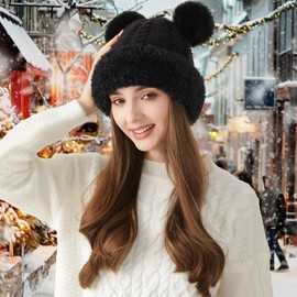Peicees Knitted Beanie with Fur Pompom for Women Girls Chunky Winter Beanie Hat Warm Fleece Lined Skull Cap Cute Black