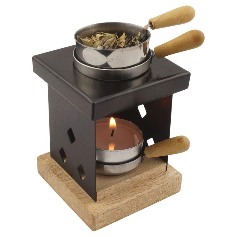 Metal Incense Burner on Wooden Base with Incense Pot -
