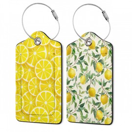 Lemon Slices PU Lether Luggage Tags,2 Pack PU Cute Suitcase Tags with Stainless Steel Loop and Address Card Baggage Tag for Travel