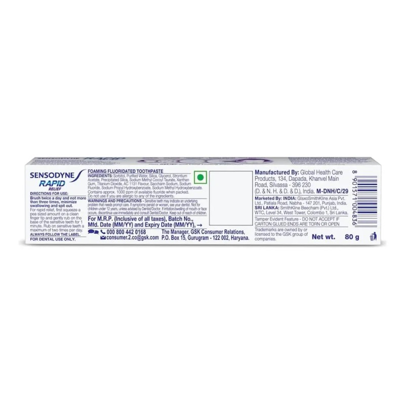 Sensodyne Pasta De Dientes Sensible Alivio Rápido - 80 Gm