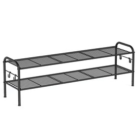 SONGMICS Shoe Rack, 2-Tier Shoe Organizer, Metal Shoe Shelf Storage with 4 Side Hooks, Holds 12 Pairs of Shoes, Height-Adjustable Shoe Rack for Entryway, Hallway, Closet, Easy Assembly, Ink Black