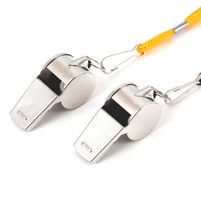 MMONY 2 Pack Stainless Steel Sports Whistles (Stainless Steel(Yellow Cord))