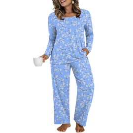 HOTGIFT 2025 Plus Size Woman Pajamas Sets Winter Soft 2 Piece Lounge Pjs with Pockets Long Sleeve Blue White Flower X-Large