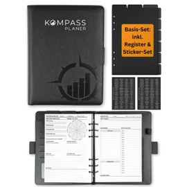 Refillable DIN A5 Ring Binder Planner for More Focus & Productivity, Planner Set, Organisation, Goals, Habit Tracker, Journaling, Reflection & Notes (Black, Basic Set - Blank Planner + Tab)