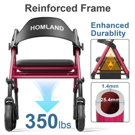 HOMLAND Walkers for Seniors with Seat, Foldable Rollator Walker, Reinforced Aluminum Frame, 8" Big Rubber Wheels for All Terrain, Height Adjustable Lightweight Rolling Walker