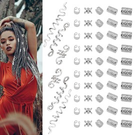 Snmzlc 106 Pcs Serpentine shaped silver hair braids dreadlock hair beads Non-Piercing Ear Clip hair jewelry for braids accessories for Women Men Hair Accessories US249 (silvery)
