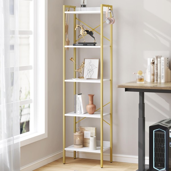 Hzuaneri Bookshelf, Book Shelf, Industrial Bookcase with 2 Hooks, Coner