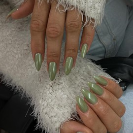 Green Glazed Donut Press on Nails Almond, Grass Green Chrome Nails Press ons for Women, Thick Aurora Glue on Nails Medium Length, Reflective Mirror Shinny Acrylic Nails Light Weight & Fit Perfectly