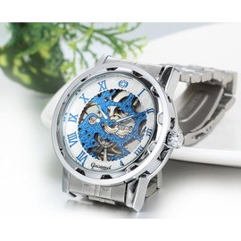 JewelryWe 2pcs Stainless Steel Band Skeleton Hand-Wind Mechanical Watches for Men Birthday Gift