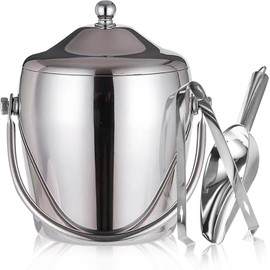 Ice Bucket Champagne Bucket with Tongs Scoop Lid, Double Wall Wine Bar Freezer Ice Bucket with Stand & Carrying Handle, Stainless Steel Mirror Bucket Champagne Bucket for Parties Bar Home