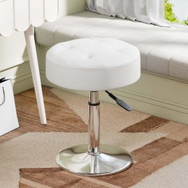 Youtanic Vanity Stool with Adjustable Height, 360°Swivel PU Leather Ottoman Chair for Adults, Round Padded Makeup Stool with Stable Support for Vanity Bedroom, Bathroom, Dorm, White