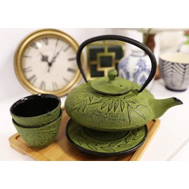 Ebros Gift Japanese Symbol Of Prosperity Evergreen Bamboo Forest Heavy Duty Cast Iron Tea Pot Set With Base Trivet and Cups Set Serves 2 Home And Kitchen Decor Accent Housewarming Gift (Yellow)