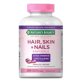 Natures Bounty Hair, Skin  Nails Extra Strength  250 Softgels con 5000mcg de Biotina, Aceite de Argn, cido Hialurnico y Vitaminas C E, Sin Gluten ni  