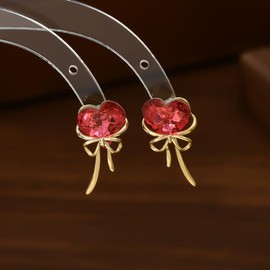 Red Crystal Heart Bow Ribbon Stud Dainty Earrings for Women S925 Sterling Silver Post Elegant Rhinestone Love Hearts Valentine's Day Earring Prom Fashion Hypoallergenic Jewelry Gifts for Girlfriend