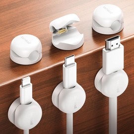 Lamicall Organizador de Cable 6Piezas- [Compacto Tamaño] [1s Bloqueo] Sujetador de Cables, Cable Mmanagement, 8mm Ranura Adhesiva Porta Cables para Escritorio Auto, Oficina y Mesa de Noche, Blanco