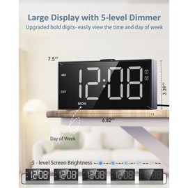 Alarm Clock for Bedroom Heavy Sleepers, Dual Alarms,Weekday/Weekend/Everyday,7.5''LED Large Display,5 Dimmer,Digital Clock with Snooze, 5 Volume,Type C & USB Chargers,Snooze,Battery Backup,Easy to Use