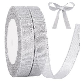 CABODYALS 22.86M 15mm Silver Glitter Metallic Ribbons Transparent Organza Sheer Sparkly Thin Tulle Classic Ribbon Roll for Gifts Wrapping Christmas Floral Weddings Birthday Diy Craft Supplies
