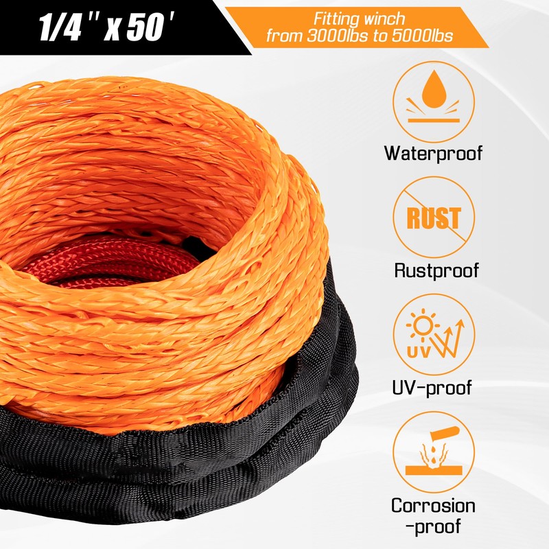 1/4" x 50ft Synthetic Winch Rope Kit with Protective Sleeve+Winch
