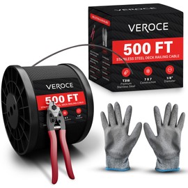 VEROCE 500FT 1/8" T316 Stainless Steel Cable, 7x7 Strands Wire Rope, Black Phosphate Coating, Cable Cutters & Gloves, Aircraft Cable for Indoor Outdoor Cable Railing Stair Deck Fencing DIY