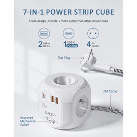 LENCENT 4 Fach Steckdosenleiste Flachstecker Steckdosenwürfel Typ-C PD20W Mehrfachsteckdosen 7 in 1 Cube Steckdose mit 2USB3.0&1PD20W, Steckerleiste mit 2M Geflochtenem Kabel für Wandsteckdose