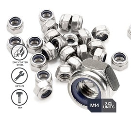 DOJA Barcelona Locking Nuts | Pack of 25 Self-Locking Nut M14 | 22 x 24.5 x 14 mm | Galvanised Steel | Hex Nut with Thread, Stop Nut, Vibration Dampening, Self-Locking