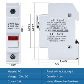 DEWIN Solar PV Fuse Holder, 4pcs Solar/Photovoltaic Fuse Holder 1P 32A Din Rail Mounting Fuse Base 10x38mm with Indicator Light DC 1000V
