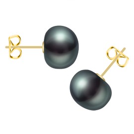 BURLAP LIFE Gold Plated 925 Sterling Silver Freshwater Real Button Pearl Stud Earrings Quality Pearl Earrings for Women, Black Pearl 6mm-7mm