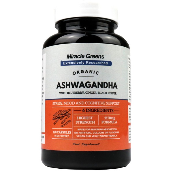 Organic Ashwagandha 1150mg | Boosted with Blueberry, Turmeric, Ginger, and Black Pepper | 120 Capsules for Mood, Anxiety & Stress Relief | Max Strength Ashwagandha from Root - 5% Withanolides