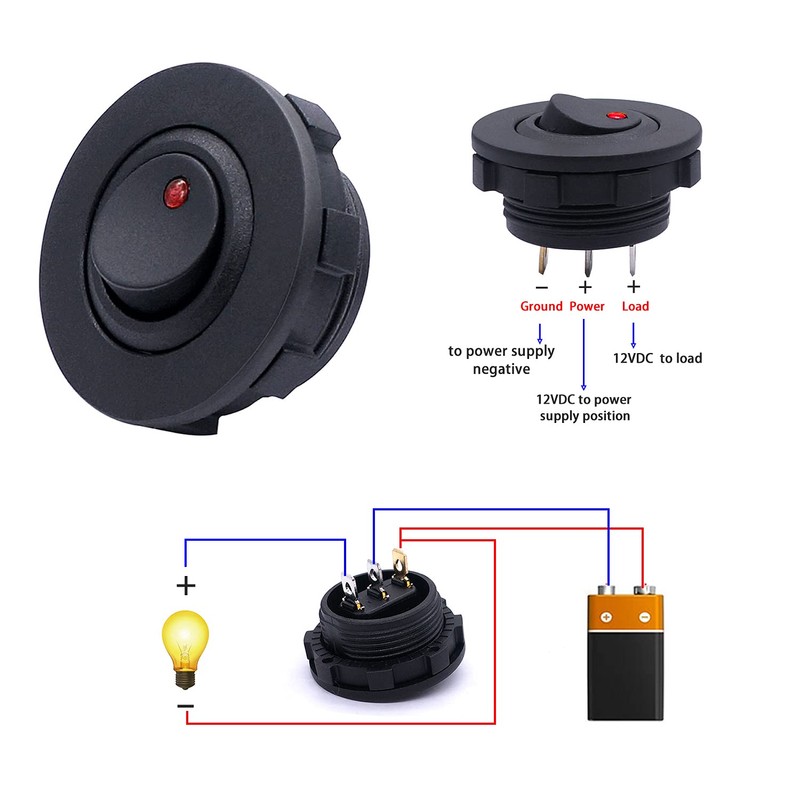 weideer 12V Round Rocker Switch with Shell Red LED Light