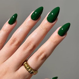 Green Press On Nails Almond Medium Green Fake Nails with Design Green False Nails Full Cover Nail Tips Acrylic Artificial Nails Press Ons Glue On Nail Winter Spring Stick On Nails for Women 24PCS