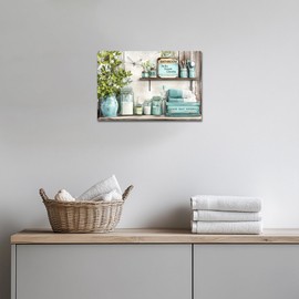 ANRUOXI Farmhouse Bathroom Flower Decor Wall Art, Rustic Teal Floral Bathroom Painting Picture, Country Bathroom Canvas Wall Art, Framed Artwork for Modern Bath Home Restroom Wall Decor 12x18 Inch