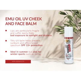 Emu Dundee | Solar cheek & face balm | SPF 15+ | Natural and mineral | Helps prevent sunburn | Environmentally friendly ingredients | Handmade in Canada | NPN80069675 | 14g