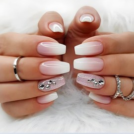 24Pcs Medium Coffin Fake Nails Gradient White Glitter Rhinestones French Tip Medium Press On Nails Coffin with Designs Full Cover Glossy False Nails Medium Coffin,Acrylic Thick Medium Coffin Glue on Nails, Stick on Nails For Women Daily Events DZ154