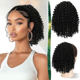 RUWISS Drawstring Ponytail Afro Frizzy Curly Ponytail for Women, 25 cm Synthetic Hairpiece with Clip-in Jerry Curls Afro Puff Ponytail Extensions (Black)