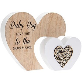 The Leonardo Collection Baby Boy Love You Moon & Back Double Wooden Heart Sentiment Plaque Ornament Gift