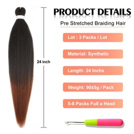 ADIASAI Braiding Hair Pre Stretched 24 Inch 3 Packs, Ombre Pre stretched Braiding Hair for Professional Braiding Hair Extensions, Hot Water Setting Yaki Texture Synthetic Hair(T30#)