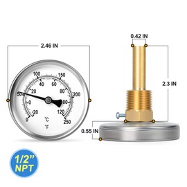 MEANLIN MEASURE 1/2" NPT Bimetal Thermometer for hot Water, boilers, and Pipes，2-1/2" Dial, 2-1/4" Lead-Free Brass Stem，Temperature Range 0-250°F/-20-120 ° C, Accuracy 2%,Center Back Mount