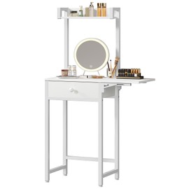 YATINEY Small Vanity Desk Without Mirror, Makeup Vanity Table for Small Space, Compact White Dressing Table with Fold-up Panel and Fabric Drawer, for Bedroom, Easy Assembly, White