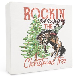 Western Cowboy Christmas Tree Wood Box Sign 5x5 Inch, Western Christmas Decor, Holiday Rodeo Cowboy Xmas Bauble Tree Wood Box Signs for Home Room Office Shelf Table Desk Decor